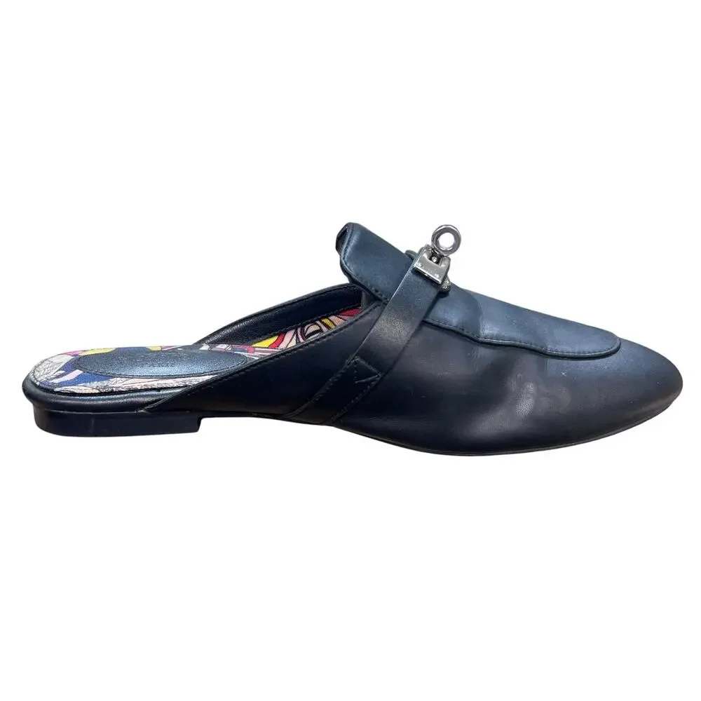 Hermes Oz Mules Black Leather Silver Kelly Buckle Slip On Mules Size 40 US 10